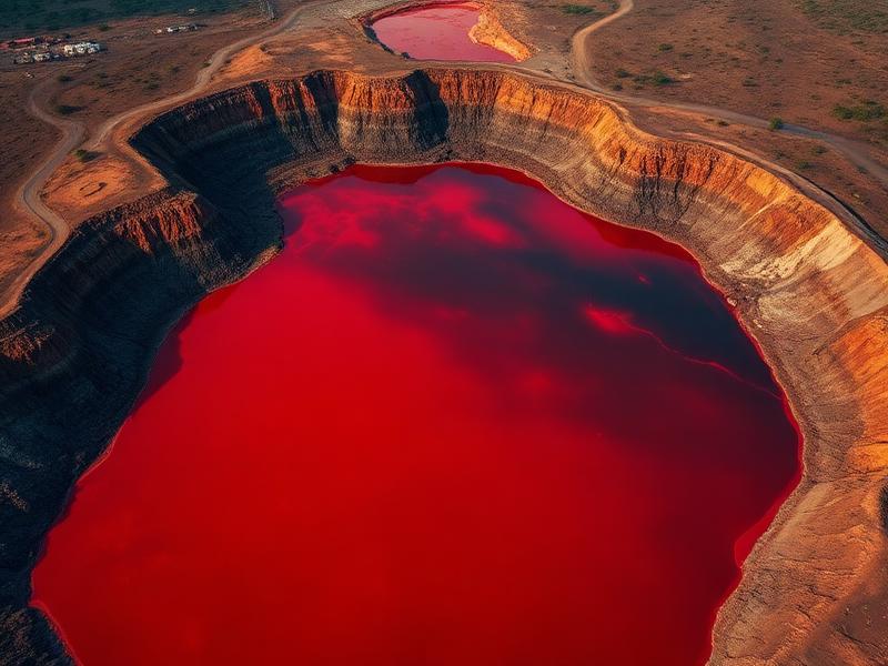 Toxic red mud waste pond from bauxite mining