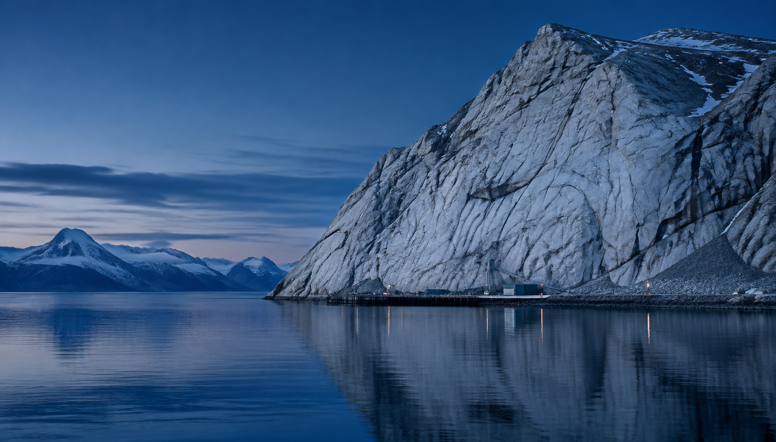 Pale anorthosite mountainside rising from a calm Greenland fjord at blue hour, with a small industrial pier on the shoreline