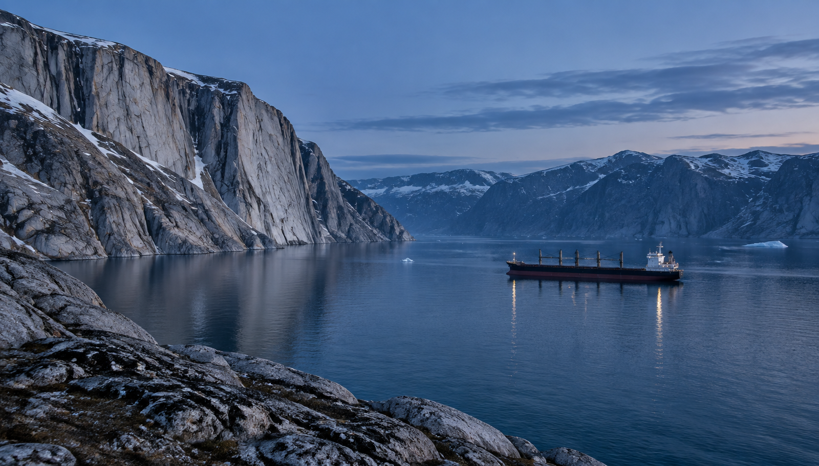 Greenlandic fjord shoreline with pale anorthosite cliffs and a bulk carrier at anchor in deep water at blue hour