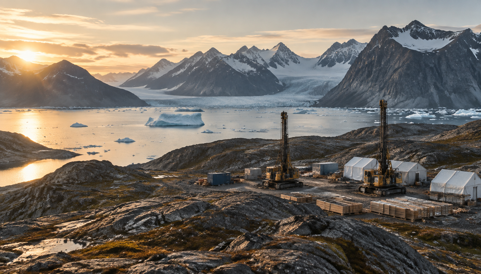 Arctic coastline in southwest Greenland with a remote mining exploration camp under a dramatic sky