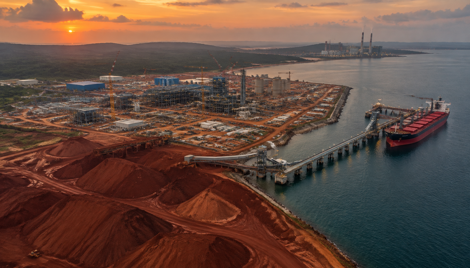 An alumina refinery under construction near a West African bauxite port at dusk, with ore stockpiles, a bulk carrier at the jetty and a power plant in the background