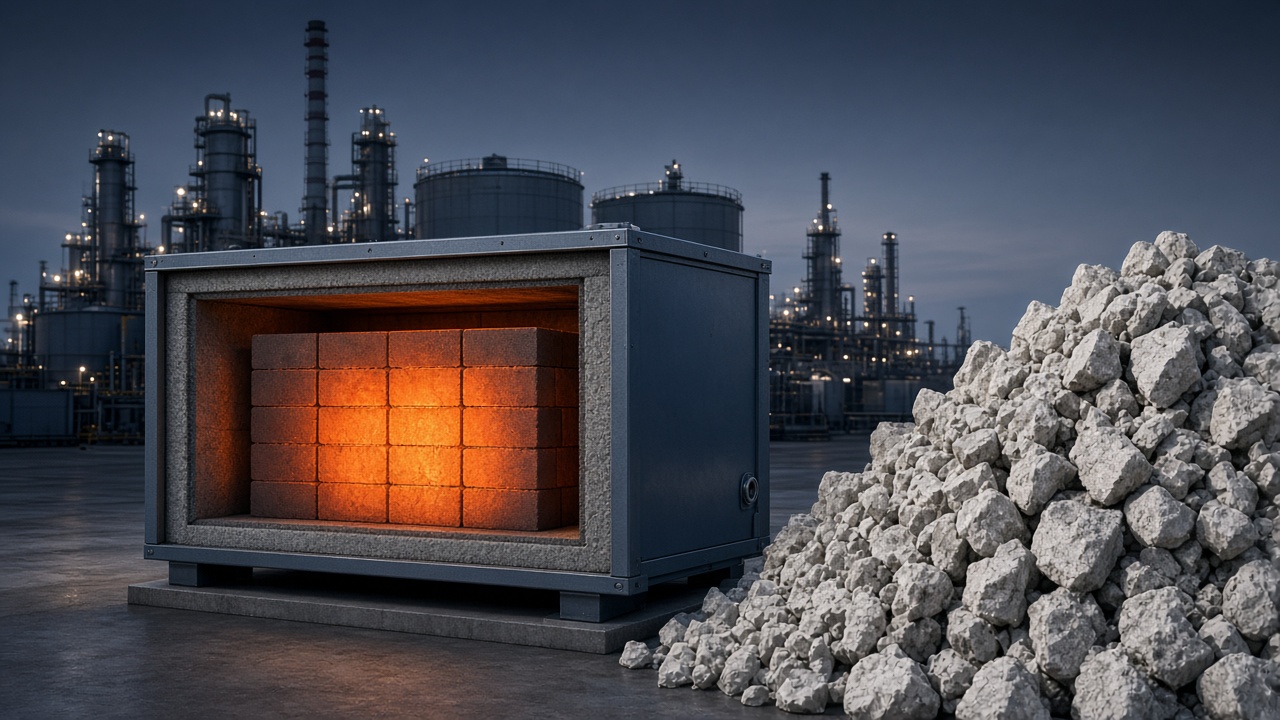 Cutaway of a heat battery: glowing refractory brick stacks inside an insulated steel housing, next to an alumina refinery and a pale anorthosite stockpile