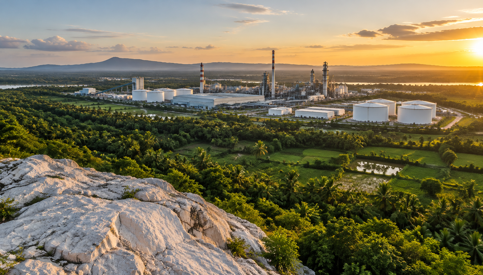 Aerial view of an alumina refinery in a green Indian landscape at golden hour, with a pale anorthosite rock outcrop in the foreground