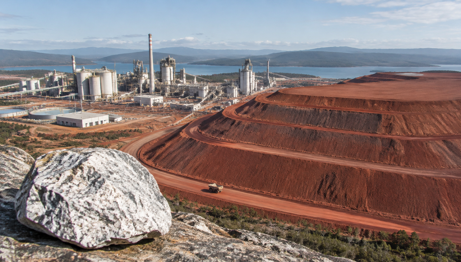 Aerial view of terraced red bauxite residue dry stacks next to an alumina refinery, with a truck on a haul road and a pale anorthosite sample in the foreground