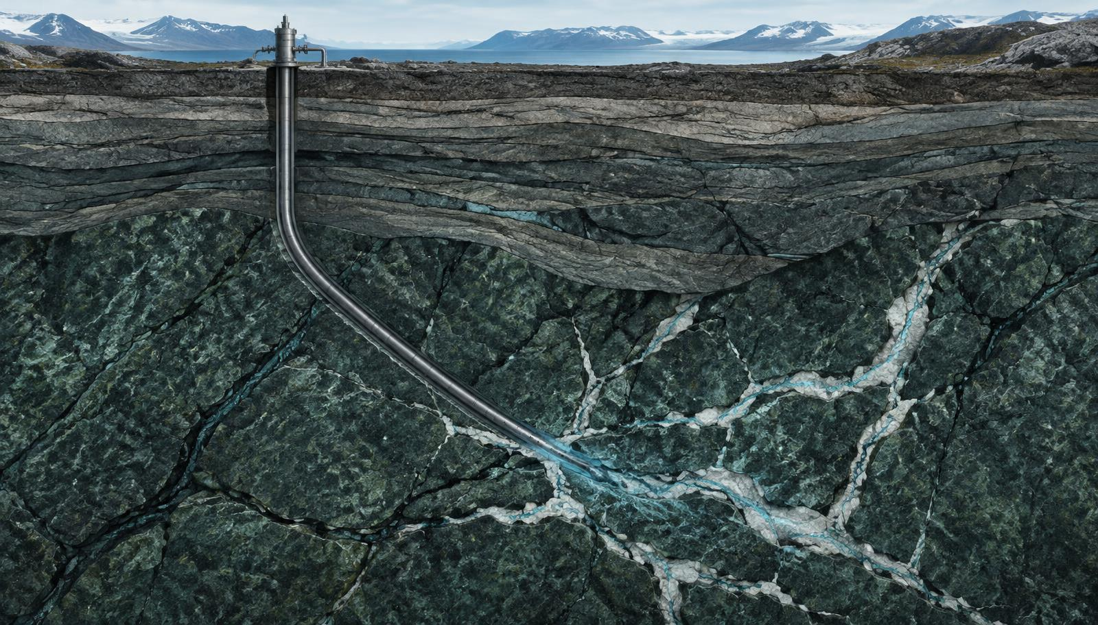 Cross-section of a carbonated-water injection well reaching fractured dark peridotite rock underground, with pale carbonate veins forming in the cracks